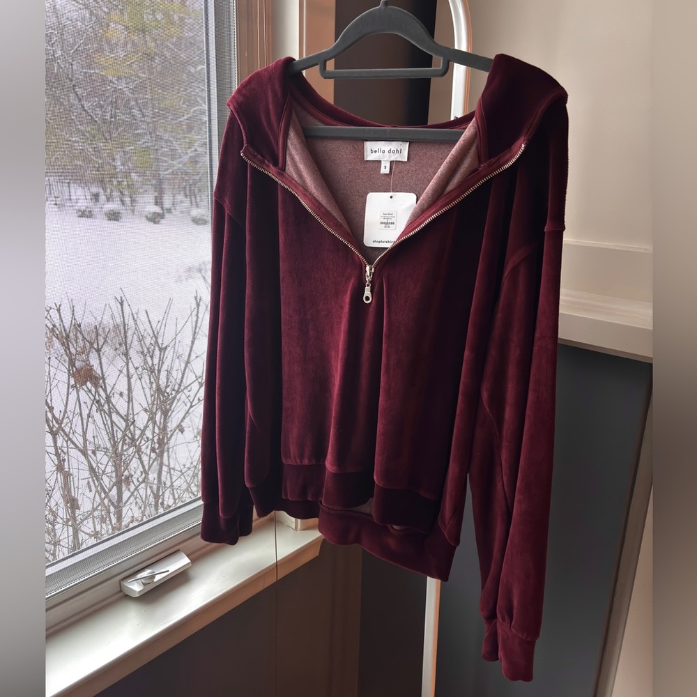 NWT Bella Dahl Oversized Velour Quarter Zip Hoodie in Berry (XS, S, M available)